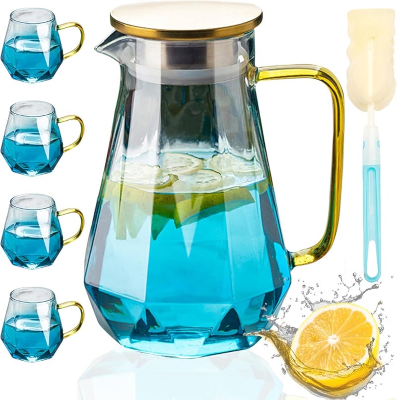 Glass Pitcher with Lidï¼ŒWater Carafe 53oz(1500ml) teatot,Elegant Diamond Design with Handle, Borosilicate Boiling Glassware -Iced Tea, Juice, Milk, Coffee, Lemonade - Hot & Cold Beverages